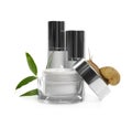 Snail, cosmetic products and green leaves isolated in white Royalty Free Stock Photo