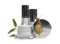 Snail, cosmetic products and green leaves isolated in white Royalty Free Stock Photo