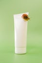 Snail cosmetic.Snails on a white tube and a green leaf on a green background.Organic cosmetics with snail slime.Cosmetic