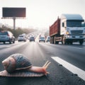 A snail crawling across the road with a lot of traffic.