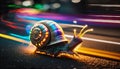 Snail crawling on asphalt road with colorful light trails at night. Generative AI