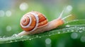 A snail crawling on a blade of grass with water droplets Royalty Free Stock Photo