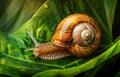 Snail crawling on the green leaf. A closeup photo of an inquisitive snail Royalty Free Stock Photo