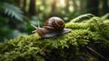 A Brown Snail Crawls on the Mossy Wood in the Forest at Beautiful Sunlight Royalty Free Stock Photo
