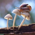 A snail is crawling on porcini mushrooms growing on a tree trunk. Royalty Free Stock Photo