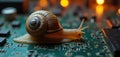 Snail crawls on green motherboard surface. Concept of slow internet, data processing, low bandwidth. Macro view. Outdated tech,