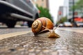 a snail crossing a busy sidewalk
