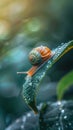 Snail crossing a leaf, macro, detailed, morning dew