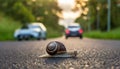 Snail crossing a road with cars driving