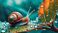 Snail on a dewy leaf in teal and orange tones