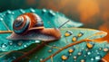 Snail on a dewy leaf in teal and orange tones