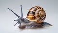 Side view of snail with extended eyestalks and coiled shell, crawling on clean white background Royalty Free Stock Photo