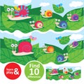Snail family walking on leaves. Learn and play task for kids. Find ten differences. Concentration and attention training
