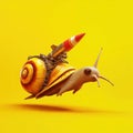 Snail flying fast with a rocket strapped on its back on yellow background Royalty Free Stock Photo