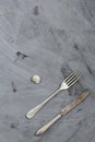 Snail, Fork and Knife on Grey Concrete Background. Copy space Royalty Free Stock Photo