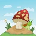 Snail hiding behind mushroom