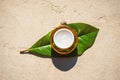 Snail and a jar of skin cream on green leaf on concrete background.