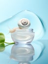 Snail on the jar of skin cream on water background. Beauty skin care, snail mucin based cosmetics. Beauty concept