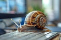 Snail on laptop computer keyboard, concept of slow internet or work Royalty Free Stock Photo