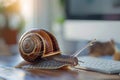 Snail on laptop computer keyboard, concept of slow internet or work Royalty Free Stock Photo