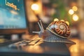 Snail on laptop keyboard represents slow internet speed, buffering or other computer problems Royalty Free Stock Photo