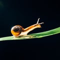 Snail on the leaf against black background Royalty Free Stock Photo