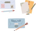 Snail mail concept. Set of envelopes, paper, letters and pens Royalty Free Stock Photo