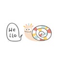 The snail monster smiles. He says hello. Cute cartoon character in simple hand drawn scandinavian style. Vector childish