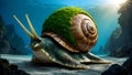 snail with a moss-covered shell Royalty Free Stock Photo