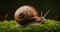 Snail moving across lush green moss, capturing intricate details of its spiral she