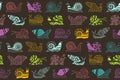 Snail ornament doodle seamless pattern repeat abstract line mollusk background endless design vector