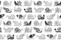 Snail ornament doodle seamless pattern repeat abstract line mollusk background endless design vector