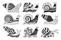 Snail ornament doodle set abstract funny baby linear mollusk comic slug kid trendy vector design