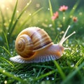 Snail with patterned shell on wet grass with soft bokeh background mollusk gastropod Royalty Free Stock Photo