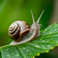 Snail on plant leaf close up, detailed macro nature photography Royalty Free Stock Photo