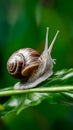 Snail on plant leaf close up, detailed macro nature photography