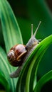 Snail on plant leaf close up, detailed macro nature photography Royalty Free Stock Photo