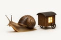 A snail pulls a miniature wooden house on wheels. Royalty Free Stock Photo