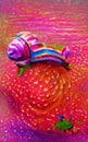 Snail in rainbow color crawling on strawberry. painted image