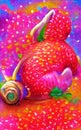 Snail in rainbow color crawling on strawberry. painted image