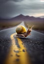 Snail on the road in the middle of the desert. AI Generative