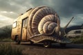 The snail\'s caravan adventure. Generative AI image.