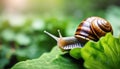 Snail with shell on the green leaf. Close up. Royalty Free Stock Photo