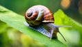 Snail with shell on the green leaf. Close up. Royalty Free Stock Photo