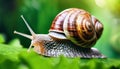 Snail with shell on the green leaf. Close up. Royalty Free Stock Photo