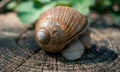 Snail in a shell on a tree stump in the forest on a fine spring day Royalty Free Stock Photo