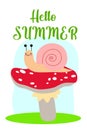 A snail sits on a mushroom with an rad hat. Vector illustration for design. Hello summer card. EPS