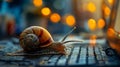 A snail is sitting on the keyboard of a laptop Royalty Free Stock Photo