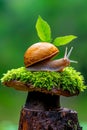 A snail sitting on top of a moss covered mushroom Royalty Free Stock Photo