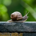 Snail on a stone wall, slow paced wildlife movement photo Royalty Free Stock Photo